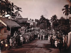 view A group comprising doctors, health and public officials gathered on a street in Bombay during an outbreak of plague. Photograph, 1896/1897.