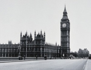 view The Houses of Parliament, viewed from Lambeth Bridge. Photograph.