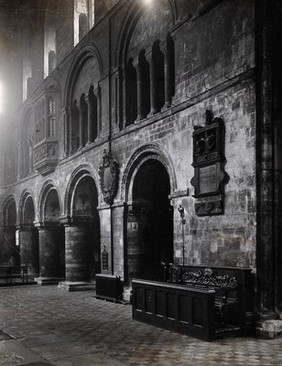 The church of St. Bartholomew the Great: interior view showing the ground arcade, south side of the quire. Photograph by Emery Walker, c. 1902.