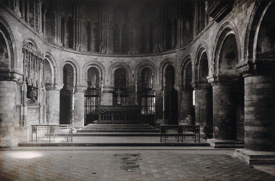 The church of St. Bartholomew the Great: interior view showing the ground arcade of apse. Photograph by Rev. C.F. Fison, 1912.