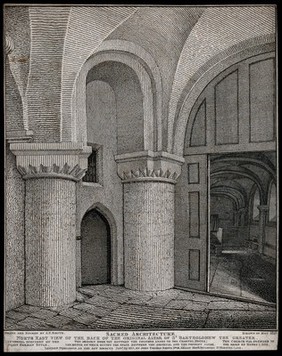 The church of St. Bartholomew the Great: interior view showing the east and north ambulatory. Etching by John Thomas Smith, 1810.