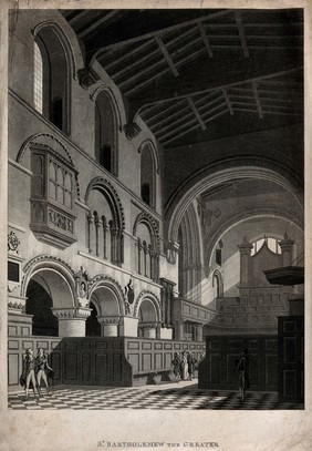 The church of St. Bartholomew the Great: interior view showing the organ gallery. Aquatint, c. 1740.