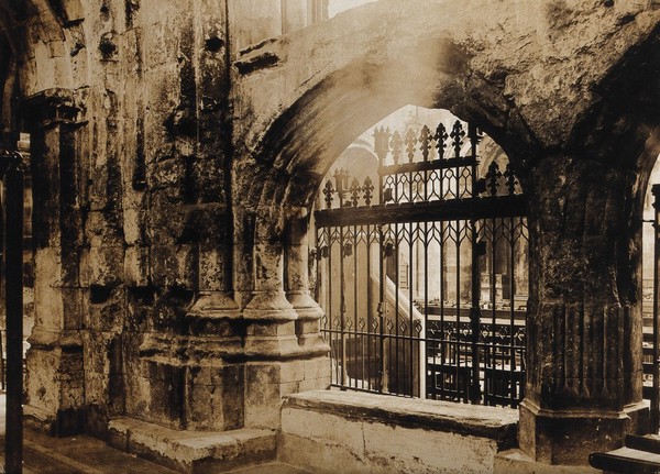 The church of St. Bartholomew the Great: interior view showing the quire screen, north side of crossing. Photograph by W.F. Taylor, c. 1912.