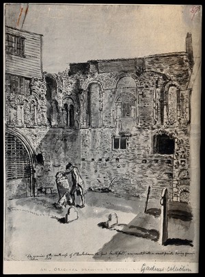 view The church of St. Bartholomew the Great: exterior view of the south transept, a man and his dog inspect a gravestone. Photograph of drawing by J. Carter, 1781.