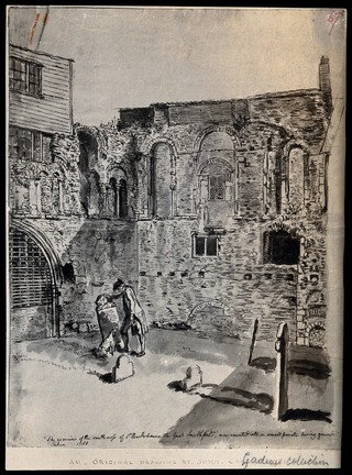 The church of St. Bartholomew the Great: exterior view of the south transept, a man and his dog inspect a gravestone. Photograph of drawing by J. Carter, 1781.