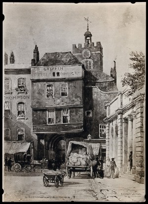 view The church of St. Bartholomew the Great; exterior view of the gate house and adjacent streets. Photograph of watercolour drawing by Ernest George.