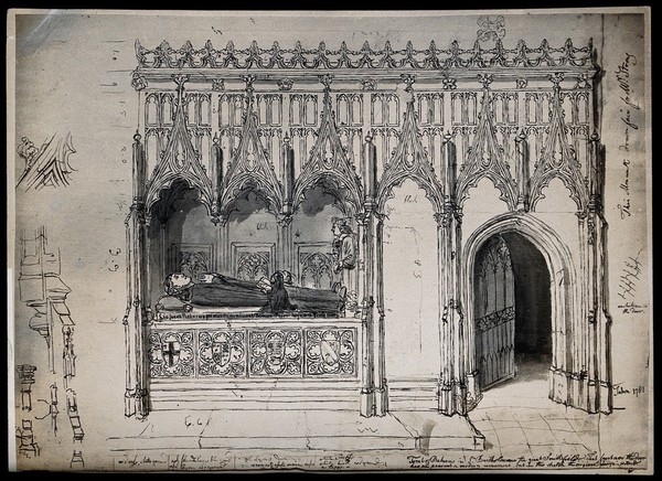 The church of St. Bartholomew the Great: interior view showing the Founder's Tomb. Photograph of a drawing by John Carter c. 1781.
