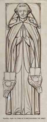 Rahere: his tomb effigy in the Church of St. Bartholomew the Great, London. Drawing by Christopher R. Webb.