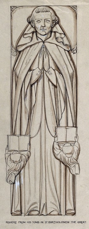 view Rahere: his tomb effigy in the Church of St. Bartholomew the Great, London. Drawing by Christopher R. Webb.