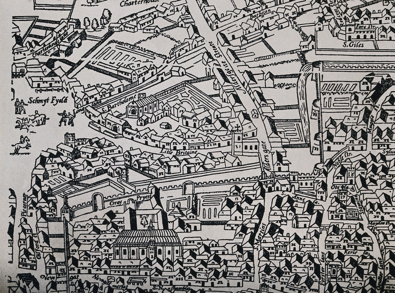 The Church of St. Bartholomew the Great; a map of the church and surrounding area. Photograph by W.F. Taylor from a drawing by Ralph Agas, c. 1543., by Ralph Agas
