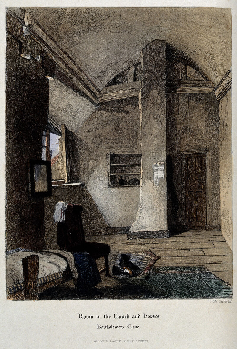 The Church of St. Bartholomew the Great and surrounding area; the interior of a room in the Coach and Horses on Bartholomew Close. Etching with watercolour by J.W. Archer., by John Wykeham Archer