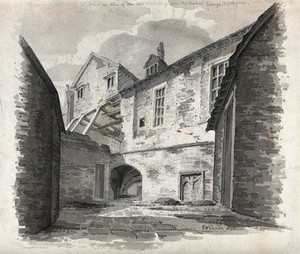 view Church of St. Bartholomew the Great and surrounding area; a building which is being used as a warehouse. Pen and ink drawing with wash by C.M.J. Whichelo, 1803.