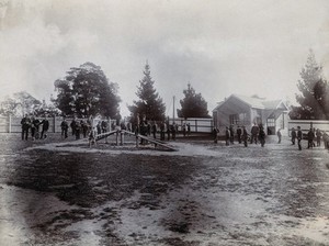 view Metropolitan Lunatic Asylum, Kew, Victoria (Australia): male patients in the recreational area. Photograph.