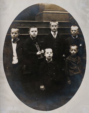 view New York State Institute: a group of boys with Down's syndrome, standing on some steps. Photograph.