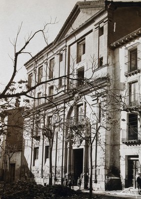 Hospital, Calatayud: exterior view showing doorway. Photograph, ca.1900.