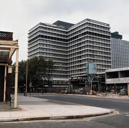 Charing Cross Hospital, Hammersmith, London, England: under construction. Photograph by H. Windsley, 1972.