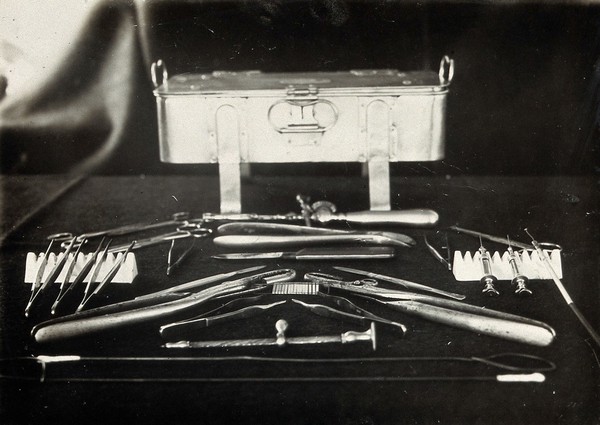 The Pasteur Institute, Kasauli, India: instruments used in animal experimentation, particularly in work with rabbits to develop rabies vaccines. Photograph, ca. 1910.