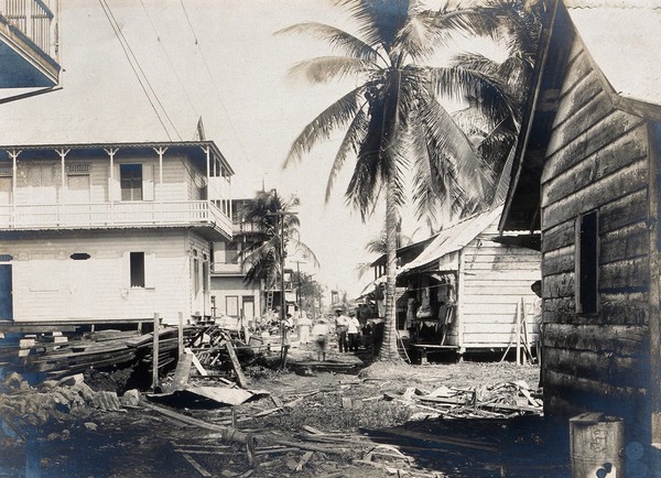 Colón, Panama: unpaved street with wooden houses and palm trees: building debris scattered in foregound; people visible in middle distance. Photograph, 1906.