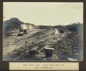 view The Pedro Miguel Locks, Panama Canal construction: view of train tracks, looking south from west. Photograph, 1907.