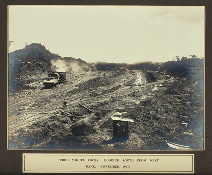 The Pedro Miguel Locks, Panama Canal construction: view of train tracks, looking south from west. Photograph, 1907.