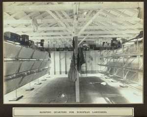 view Panama Canal workers' (European) sleeping quarters: interior showing fold-up bunks. Photograph, ca. 1911.