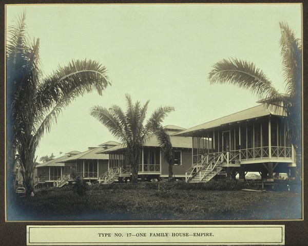 Wooden houses in Ancon (?), Panama, built during the Panama Canal construction era. Photograph, ca. 1910.