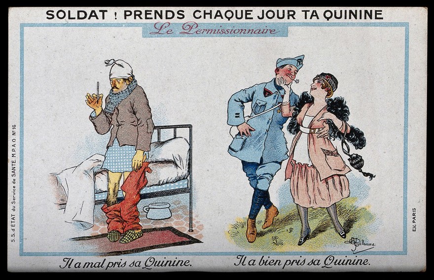 The benefit of sleeping under a mosquito net. Chromolithograph by A. Guillaume.