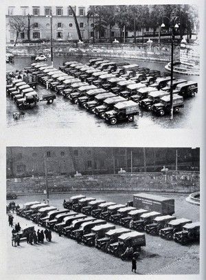 view Rome, Italy: a fleet of trucks used in an anti-malaria campaign. Photograph, 1940/1950 (?).