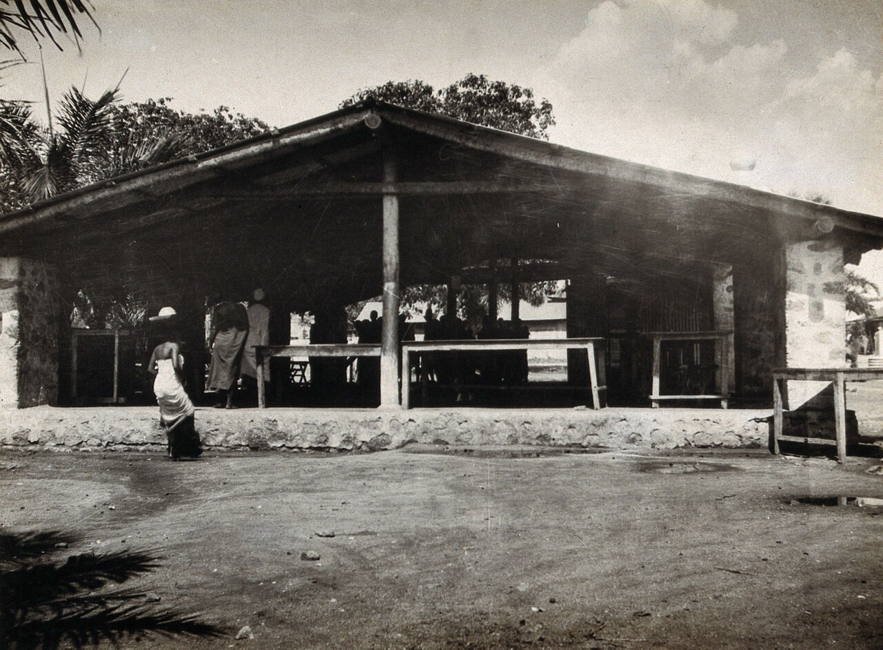 Mwanza, Tanzania: the meat-market: roofed with open sides. Photograph by Andrew Balfour, 1910/1920 (?)., 1910-1920, by Andrew Balfour