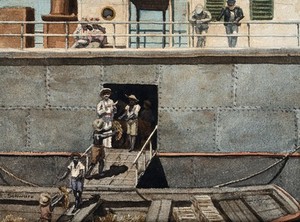 view Bananas that may harbour mosquitos carrying the yellow fever virus, being loaded onto a ship in the West Indies (?). Watercolour by E. Schwarz, 1920/1950 (?).