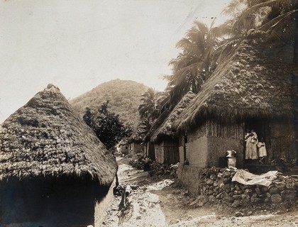 Taboga Island, Panama: a row of grass-roofed village houses; a woman holding a baby and a child stand in one doorway. Photograph, ca. 1910.