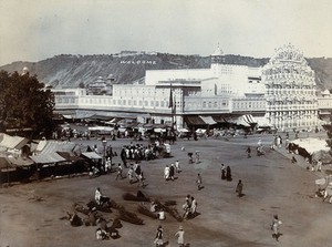 view Jaipur: Palace of the winds, with the market place around. Photograph.