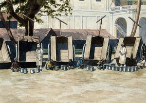 view India: carts of medical supplies unloaded outside a laboratory. Watercolour by E. Schwarz-Lenoir, 1915/1935 (?).