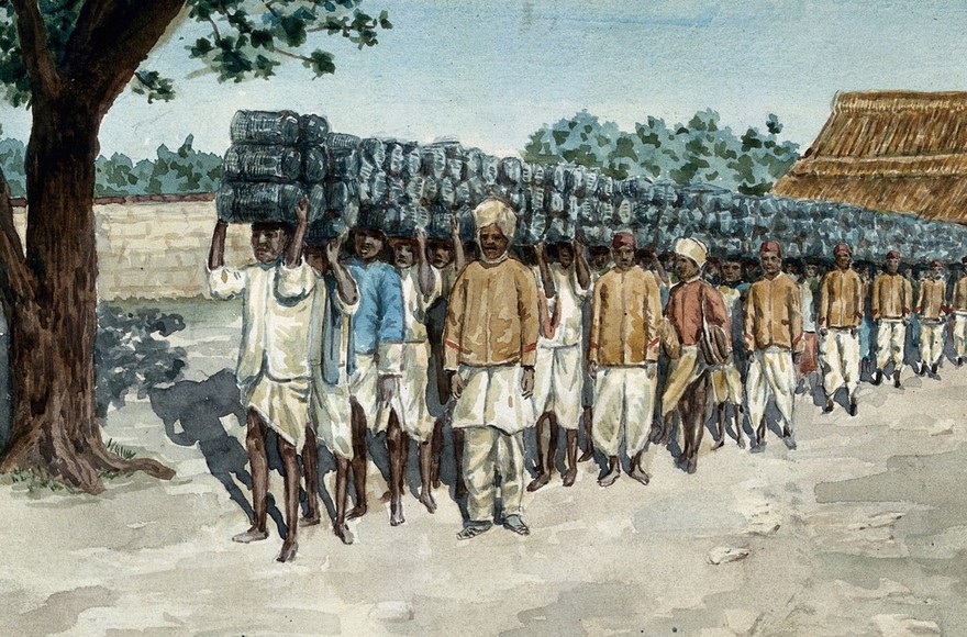 India: a line of men carrying metal traps for plague prevention on their heads, from the Health Department stables to be distributed in the nearby city. Watercolour by E. Schwarz-Lenoir.