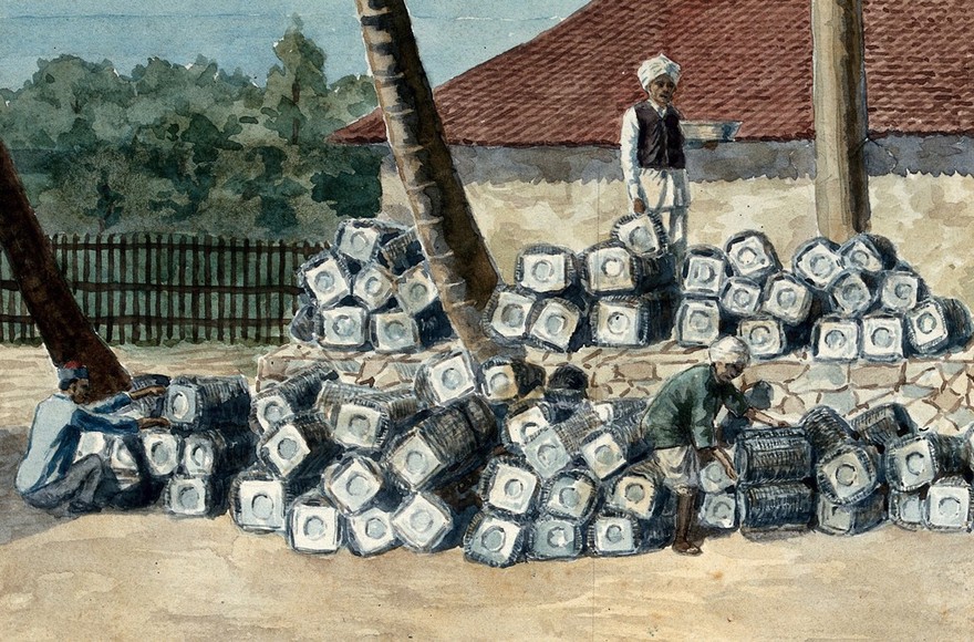 India: metal rodent traps in a pile, being baited by three Indian men. Watercolour by E. Schwarz-Lenoir, 1915/1935 (?).