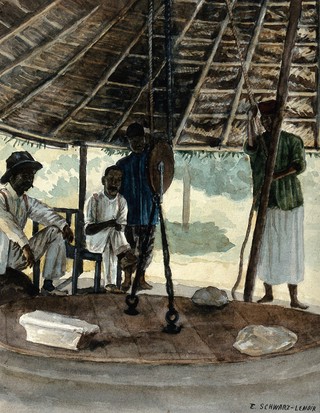 India: a rat extermination chamber with a closed lid under a grass-roofed shelter. Watercolour by E. Schwarz-Lenoir, 1915/1935 (?).