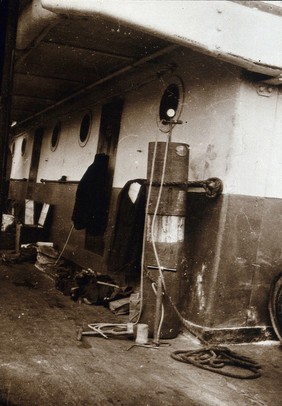 Ship fumigation using hydrogen cyanide: equipment on deck. Photograph by P. G. Stock, 1900/1920.