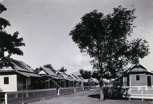 Patton village, Chiengmai Leper Asylum, Thailand: a street of unfinished wooden houses. Photograph, 1921.