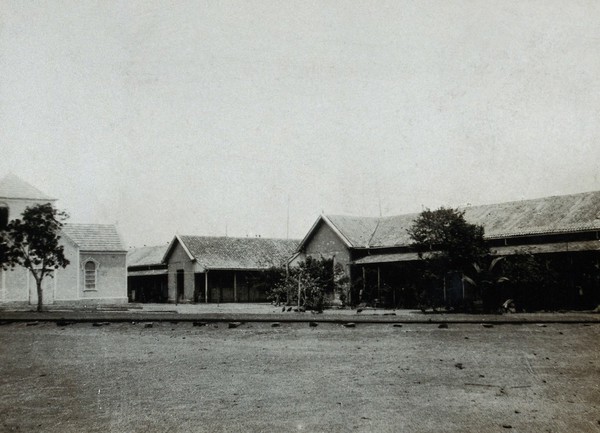 The Leper Settlement, Providencia Island, Venezuela: the wards (right) and the chapel (left). Photograph, 1890/1910.