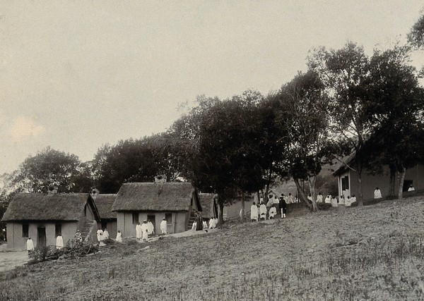 Leper settlement, Fianarantsoa, Madagascar: patients in white robes outside cottages set amongst trees. Photograph, 1890/1910.