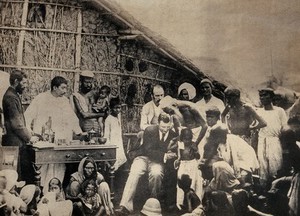 view Calcutta, India: inoculation of Indian children by a white doctor. Photograph, 1894.