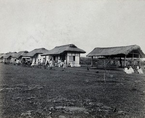 view A kalar-azar treatment centre, Charingia, Assam, India: Indian patients are grouped outside a row of grass-roofed buildings; a motorcar is parked outside one building. Photograph, 1910/1920 (?).