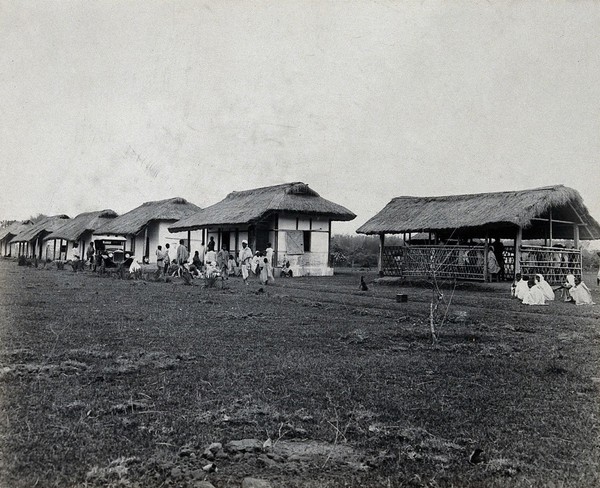 A kalar-azar treatment centre, Charingia, Assam, India: Indian patients are grouped outside a row of grass-roofed buildings; a motorcar is parked outside one building. Photograph, 1910/1920 (?).