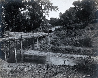 Assam, India: a narrow wooden bridge over a river; a car is on the road in the distance; an Indian man stands to one side of the bridge. Photograph, 1900/1920 (?).