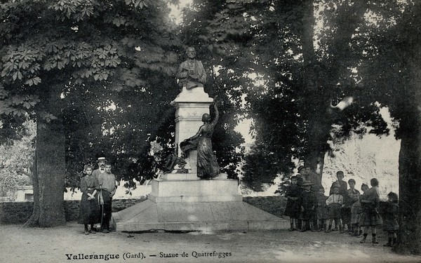 Jean-Louis-Armand Quatrefages de Breau, French naturalist: his statue in the public gardens in Vallerangue, France. Photographic postcard, 1900/1910.