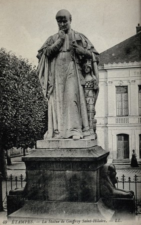Etienne Geoffroy Saint-Hilaire, French zoologist: his statue (by Elias Robert, 1857), in Étampes, France. Photographic postcard, ca. 1905.