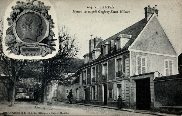 Etampes, France: the birthplace of Etienne Geoffroy Saint-Hilaire, French zoologist; inset is his portrait in profile. Process print, ca. 1905.