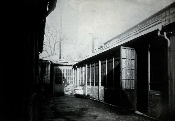 The laboratories of Marie and Pierre Curie, Paris: exterior courtyard where treatment of noxious gases took place. Photograph, ca. 1900.