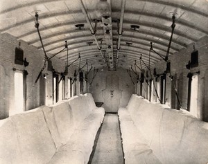 view World War One: a hospital train: seating for patients. Photograph, 1914/1918.