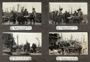 view World War One: Contalmaison, France: medical soldiers bearing a wounded German soldier on a stretcher. Photograph, 1916.